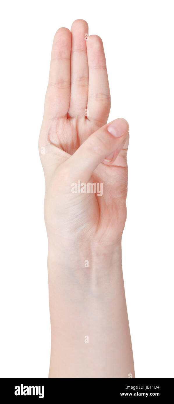 finger counting three hand gesture isolated on white background Stock