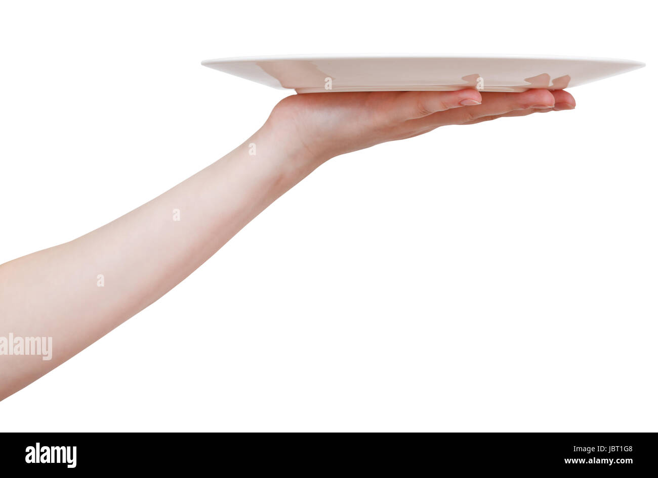 empty white plate on hand isolated on white background Stock Photo - Alamy