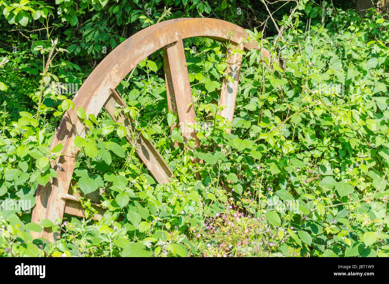 Alte Rad einer Zechenförderanlage fast zugewachsen steckt im Waldboden.Die  Natur holt sich alles zurück Stock Photo - Alamy