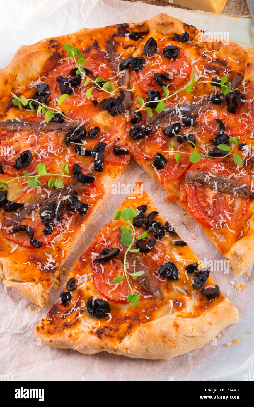 olive anchovy pizza Stock Photo Alamy