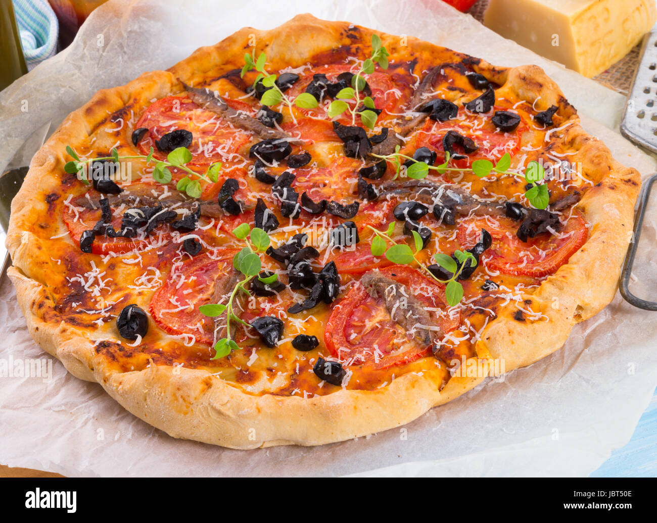 olive anchovy pizza Stock Photo Alamy