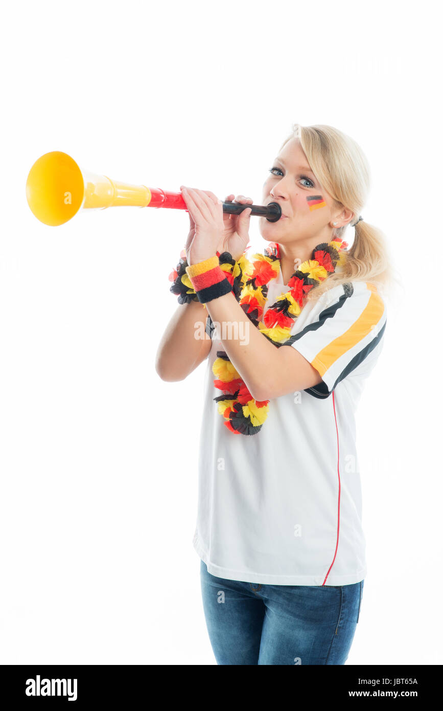blonde football fan with vuvuzela Stock Photo - Alamy