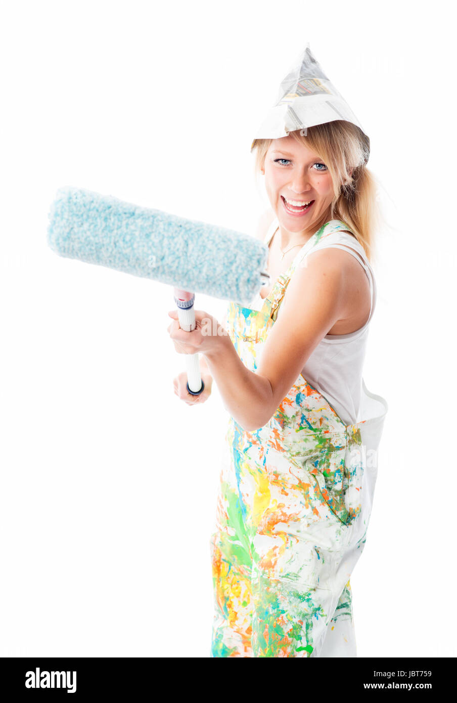 female painter with paint roller Stock Photo - Alamy