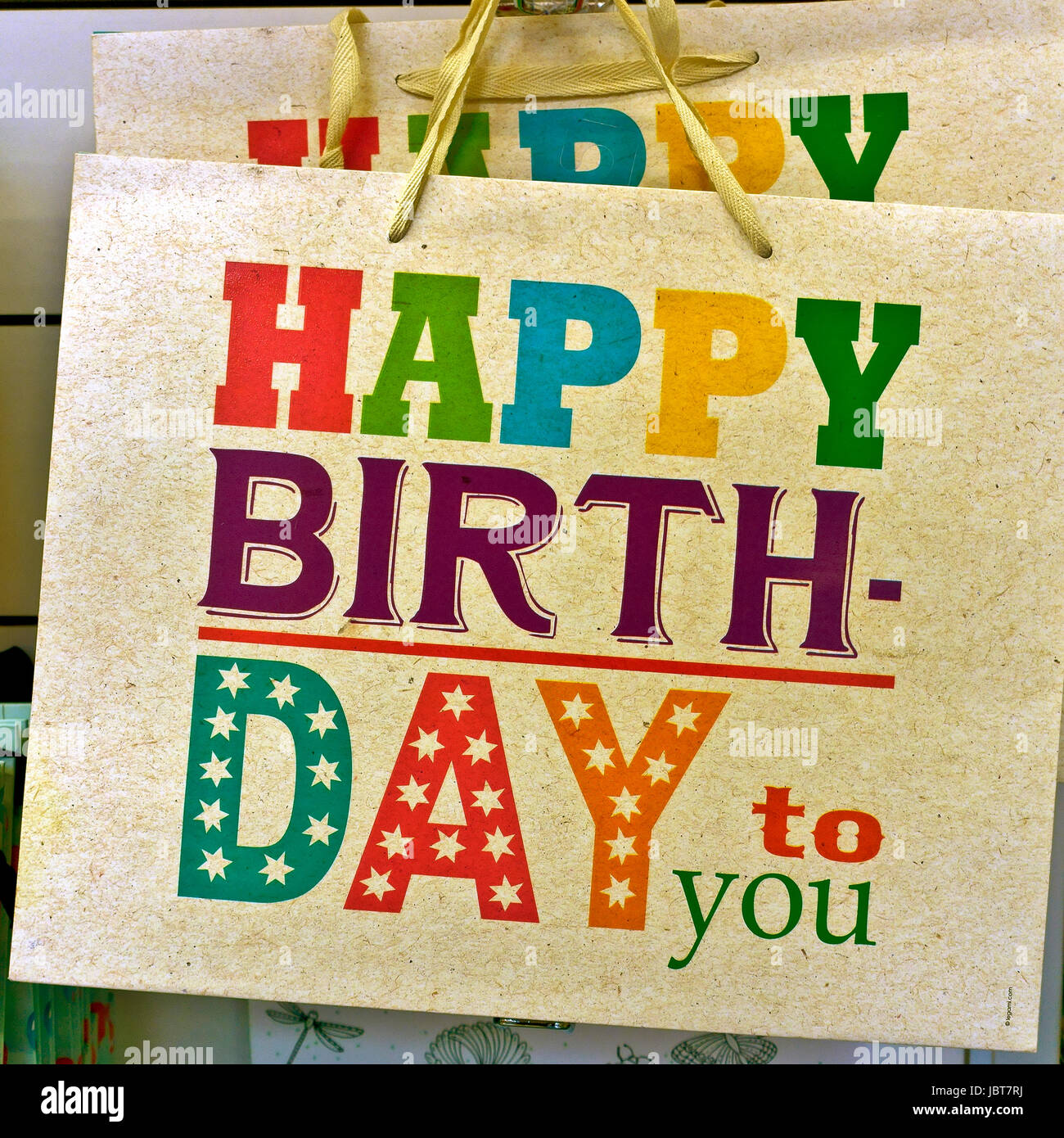 Habby birthday to you, printed on a paper bag, on display in a shop. Stock Photo