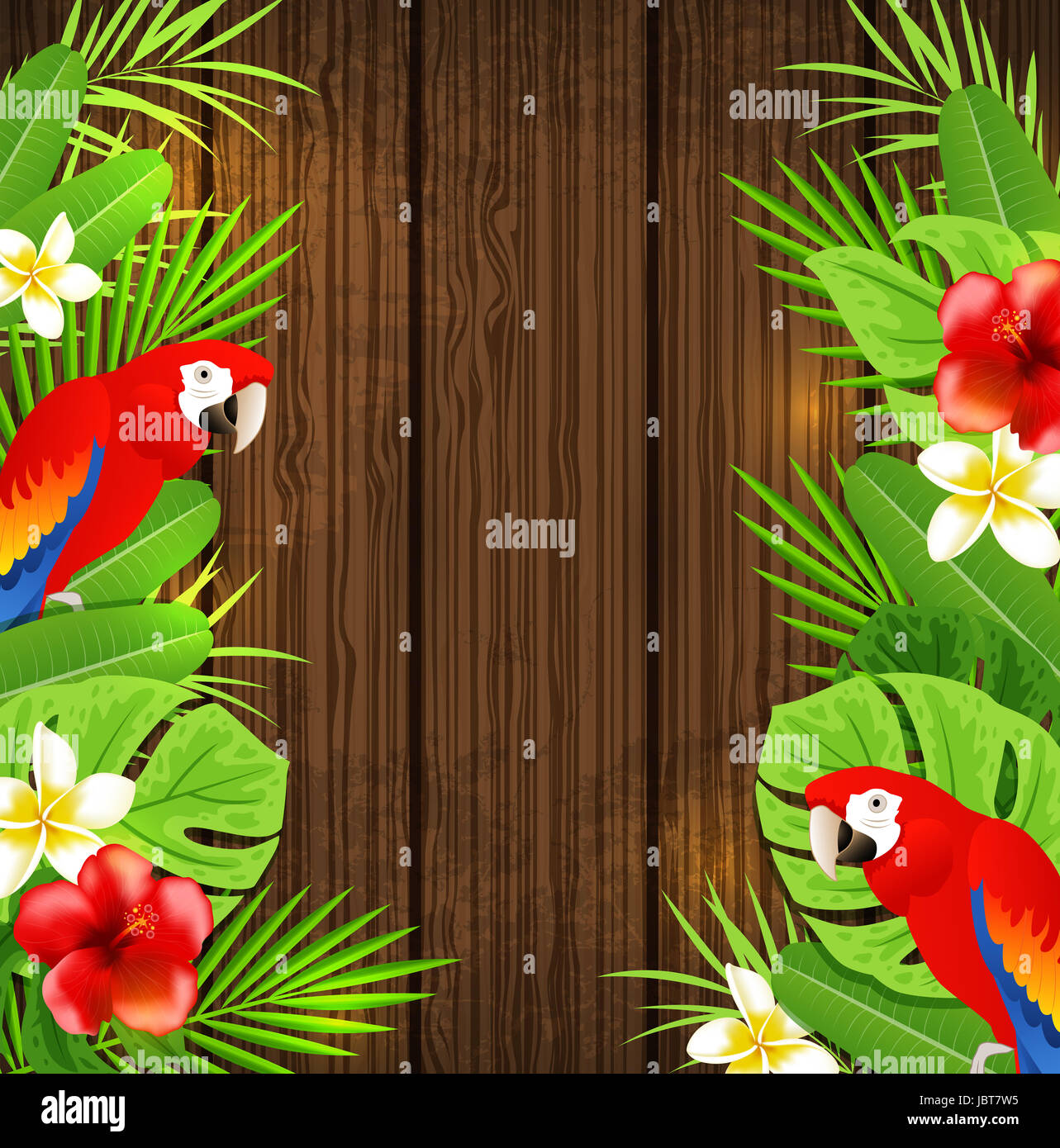 Tropical flowers, green palm leaves and red parrots on a wooden background Stock Photo
