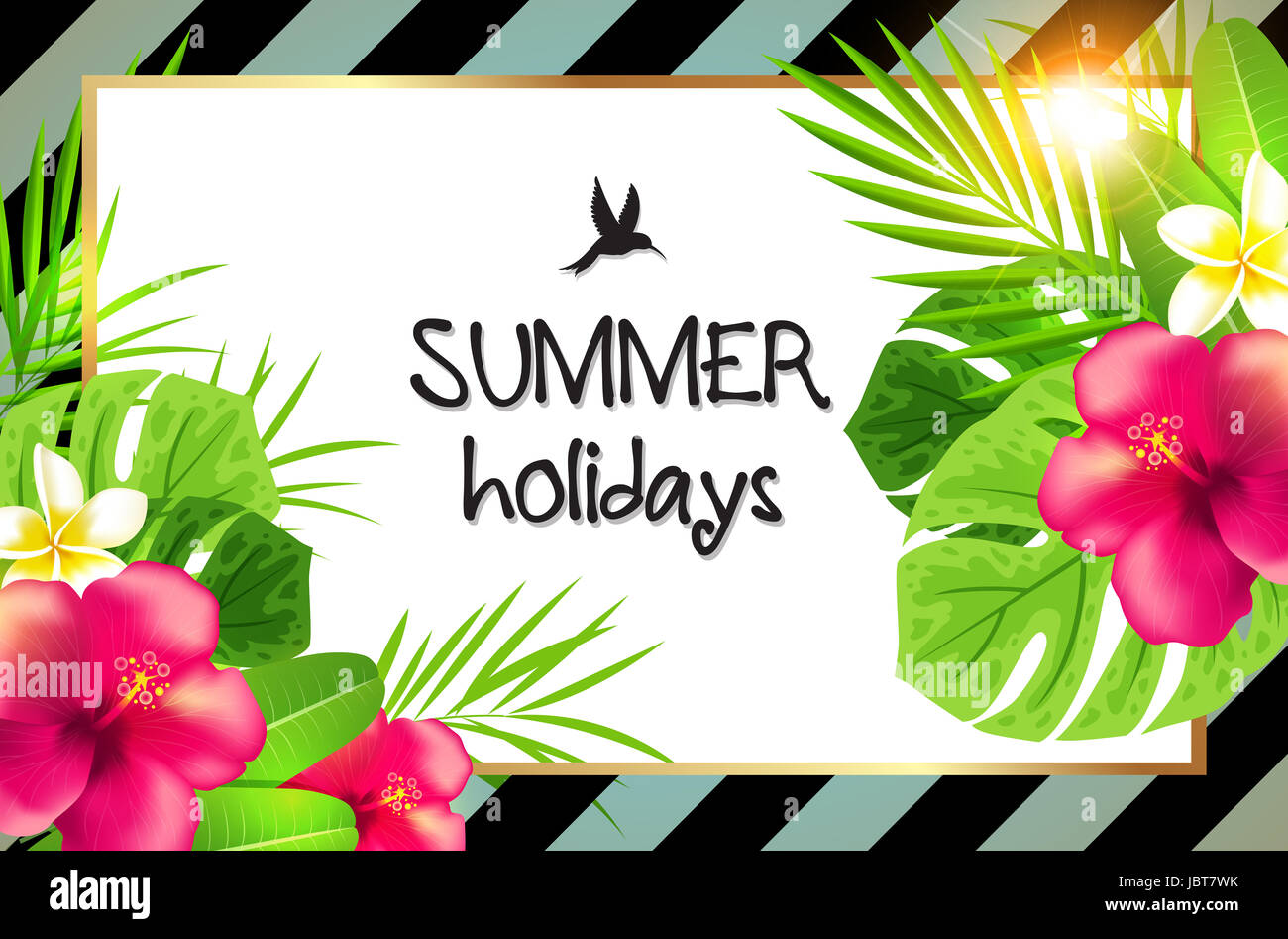 Summer tropical background with green palm leaves and red flowers. Summer holiday lettering. Retro striped background. Stock Photo