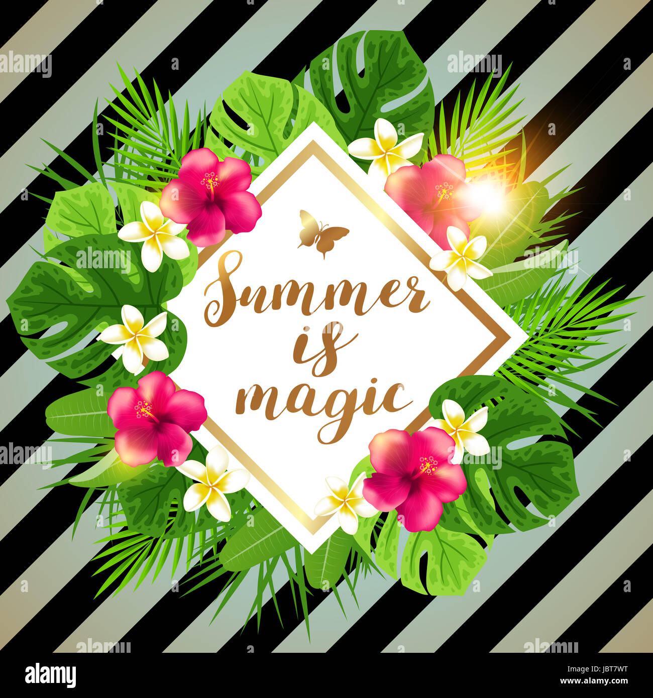 Summer tropical banner with green palm leaves and flowers. Summer is ...