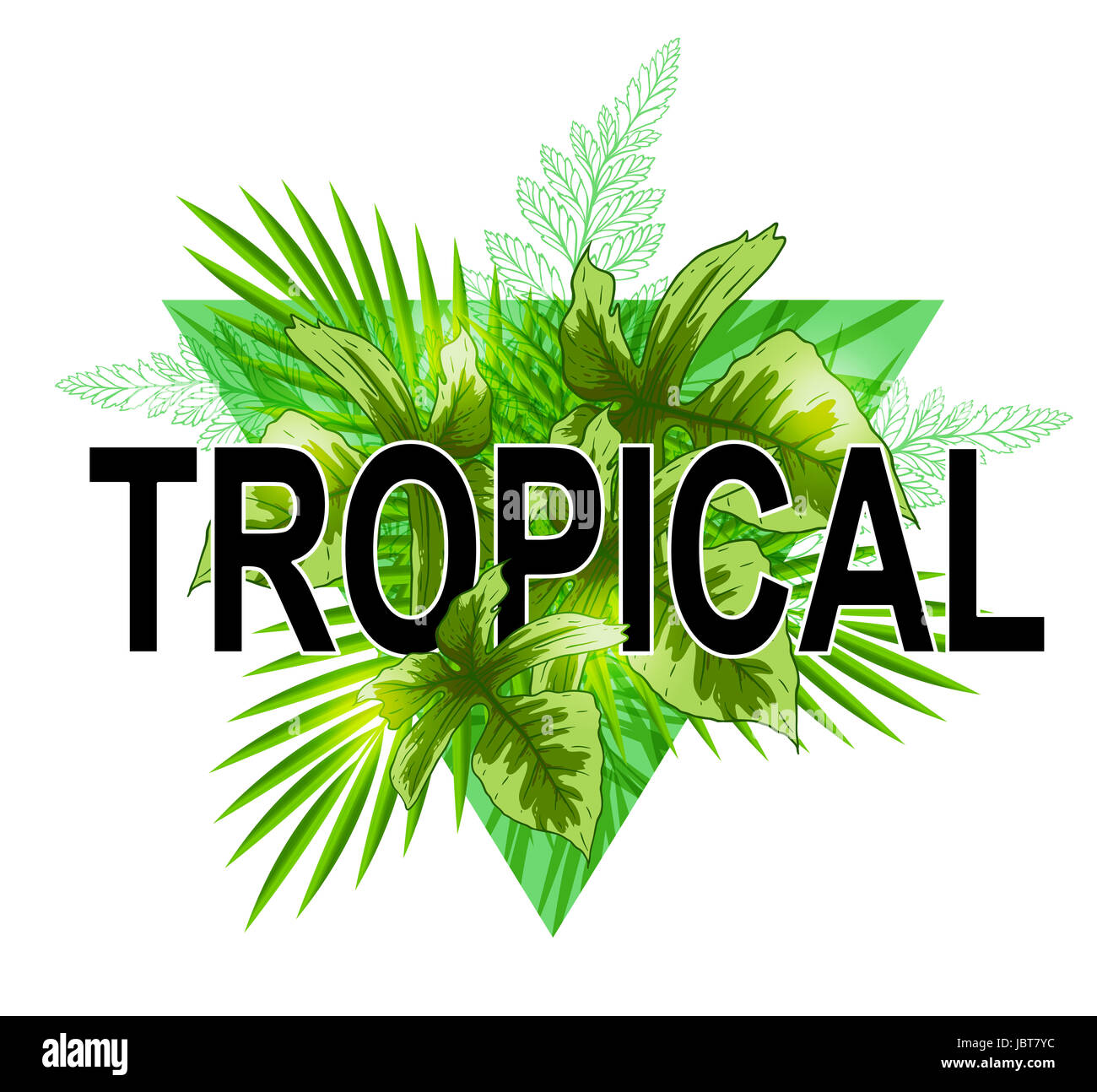 Green triangle with palm leaves. Abstract tropical summer background