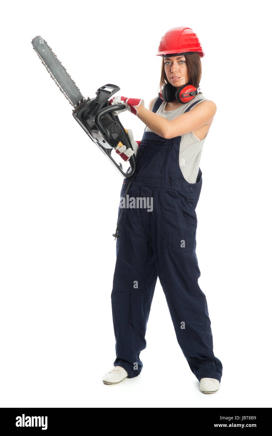 young girl with chain saw Stock Photo Alamy