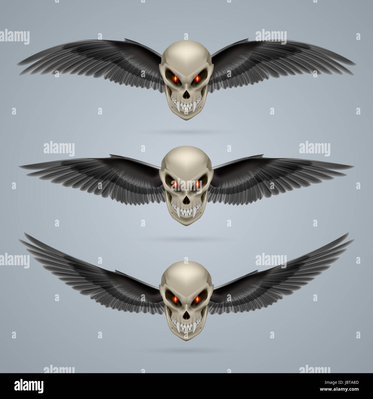 Set of mutant skulls with long fangs and black wings Stock Photo