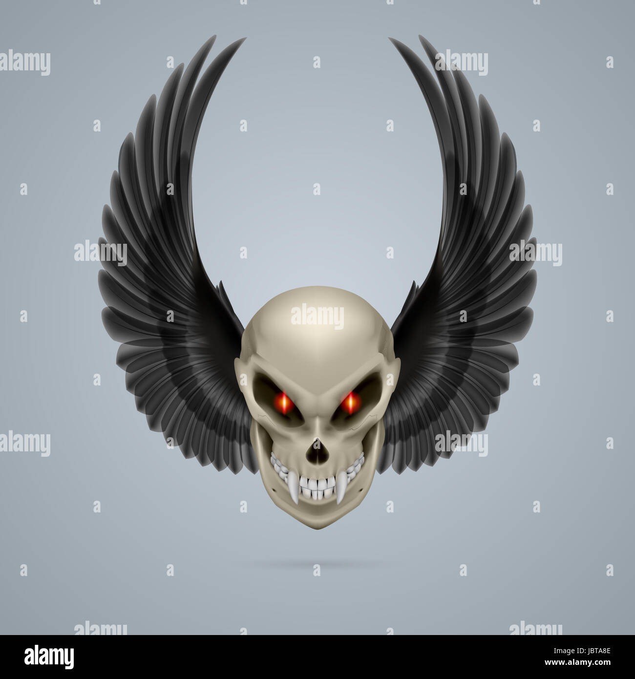 Terrifying mutant skull with long fangs and black wings Stock Photo