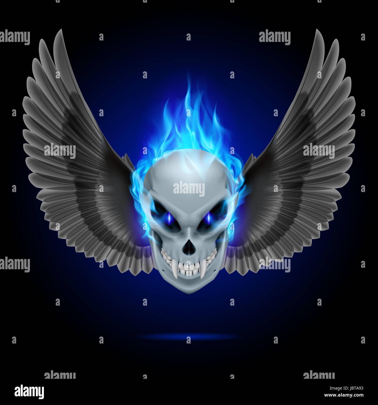 Mutant skull with long fangs, blue flame and black wings Stock Photo