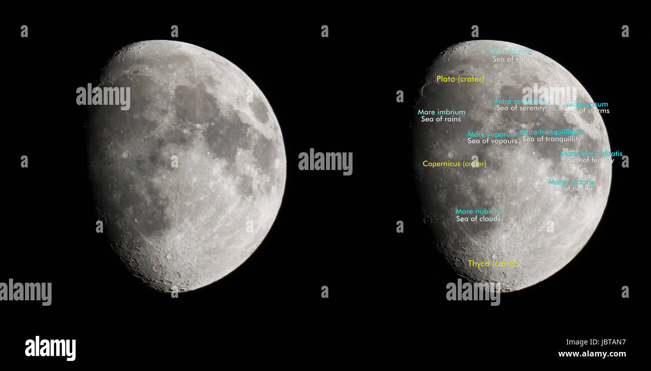 Moon atlas with seas and craters labels - Latin and English names Stock Photo
