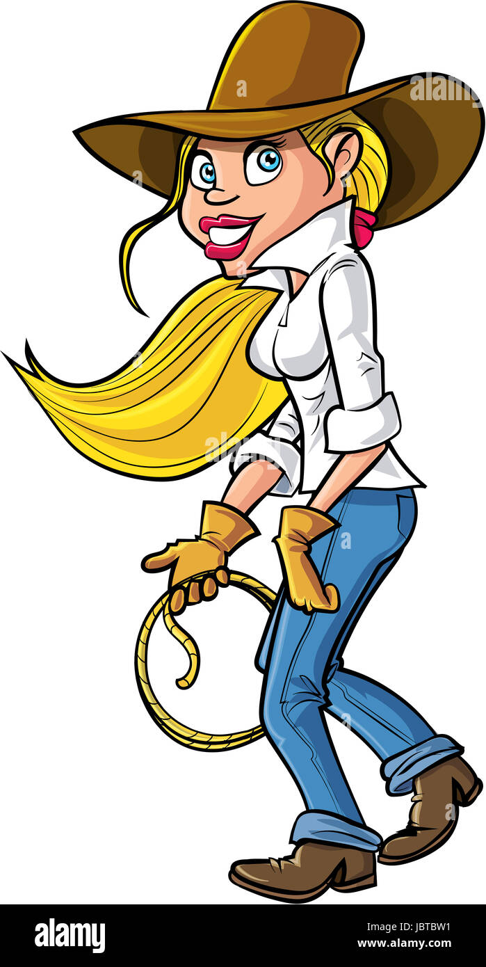 Cartoon cowgirl with lasso. Isolated on white Stock Photo - Alamy