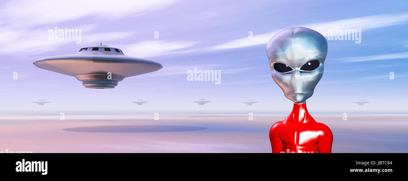 spaceship and alien in a distant world Stock Photo
