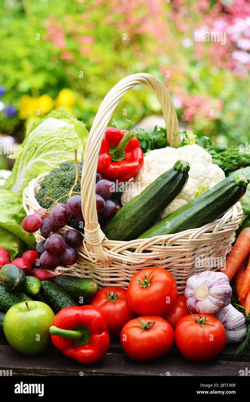 Fresh organic vegetables in wicker basket in the garden Stock Photo - Alamy