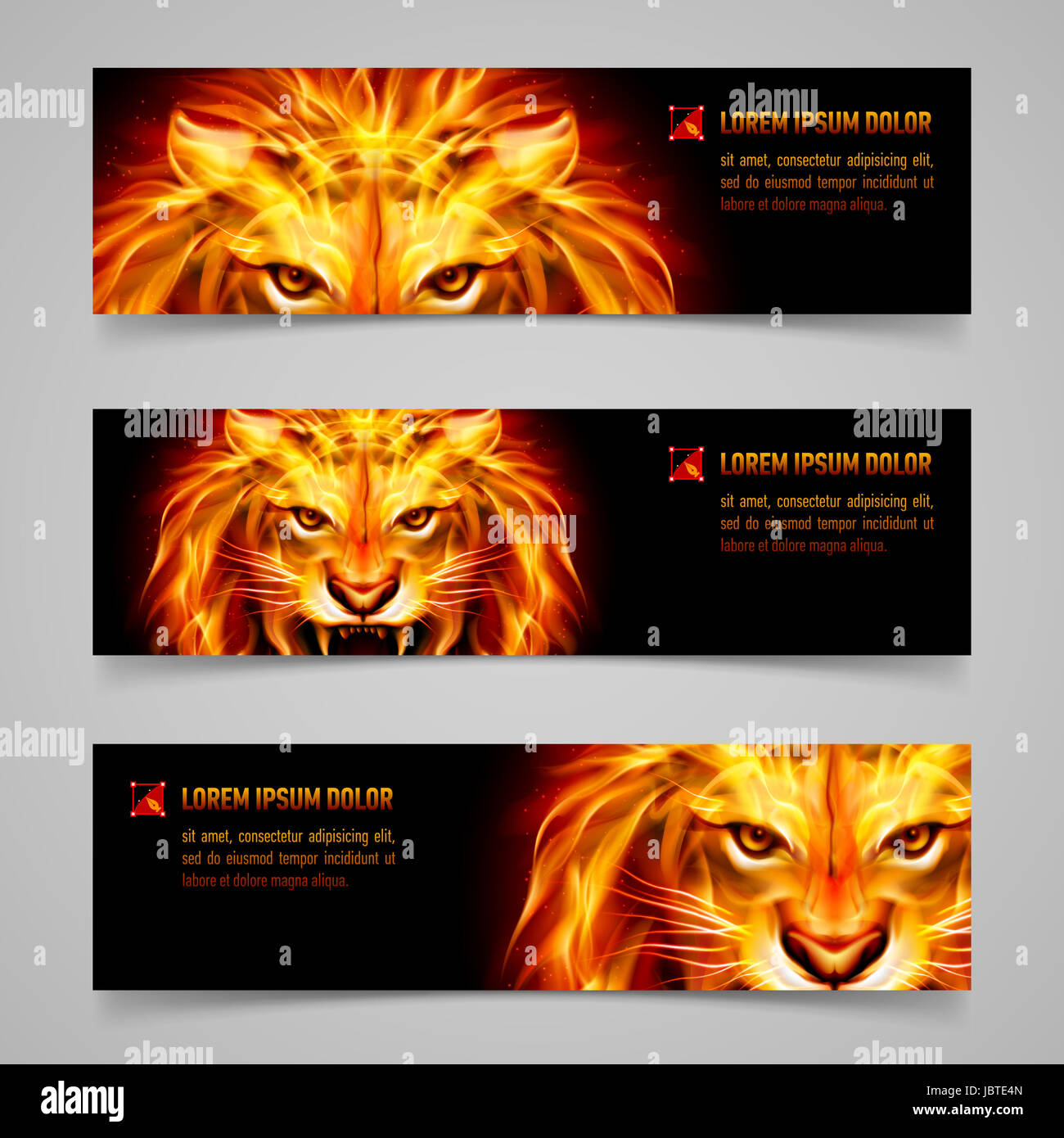 Set of banners with mystic lion in orange flame Stock Photo - Alamy