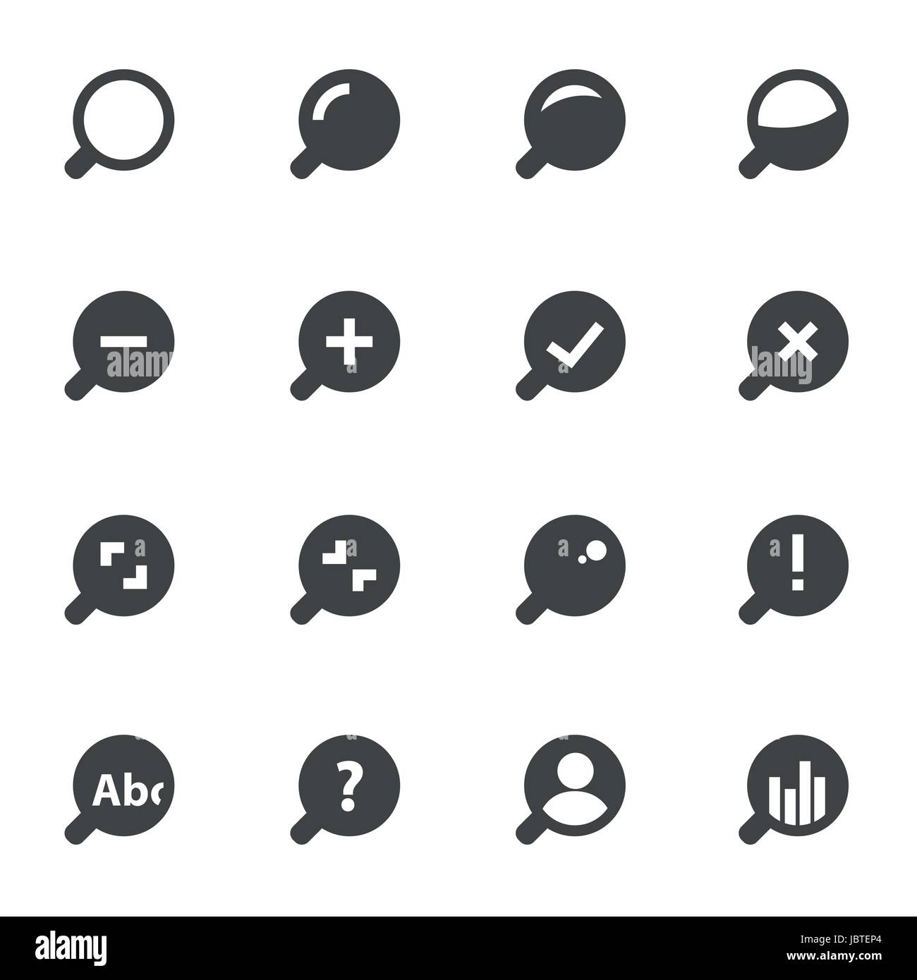 Vector black magnifying glass icons set on white background Stock