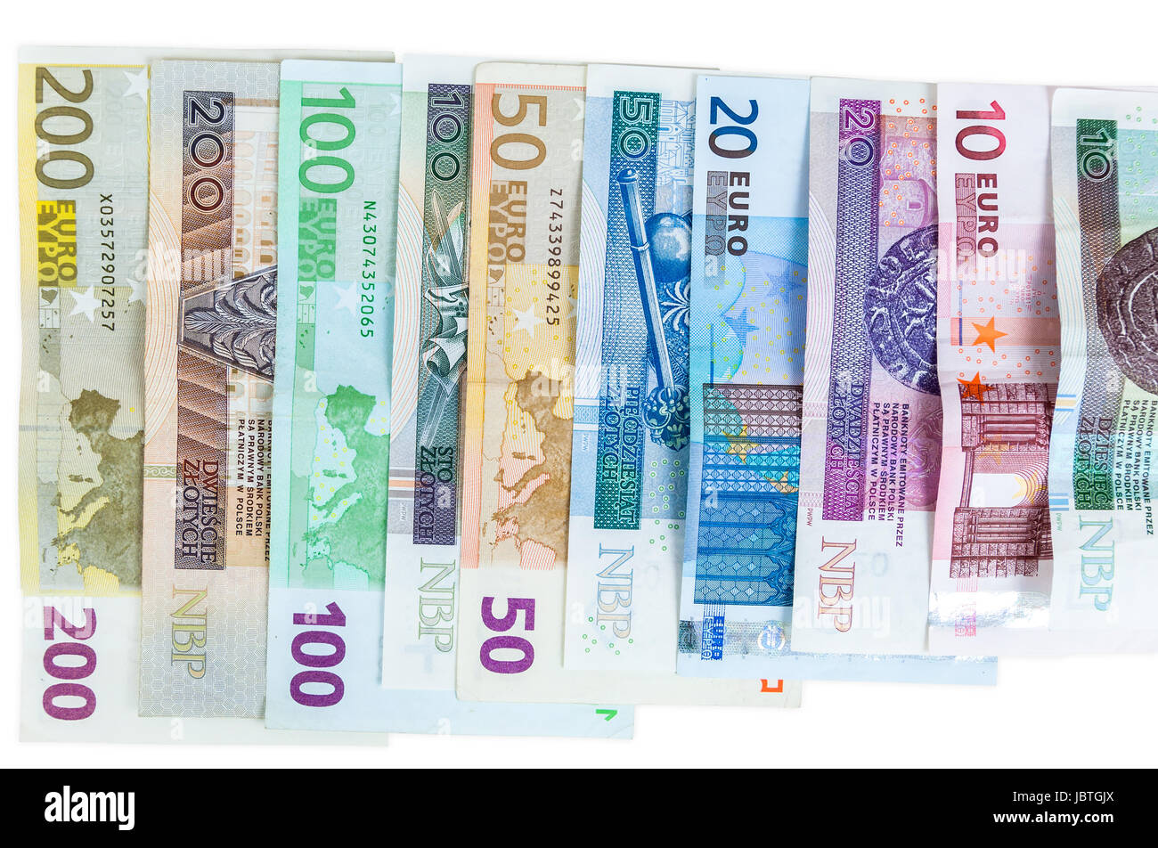 Euro and new polish zloty banknotes isolated on white background with  clipping path Stock Photo - Alamy
