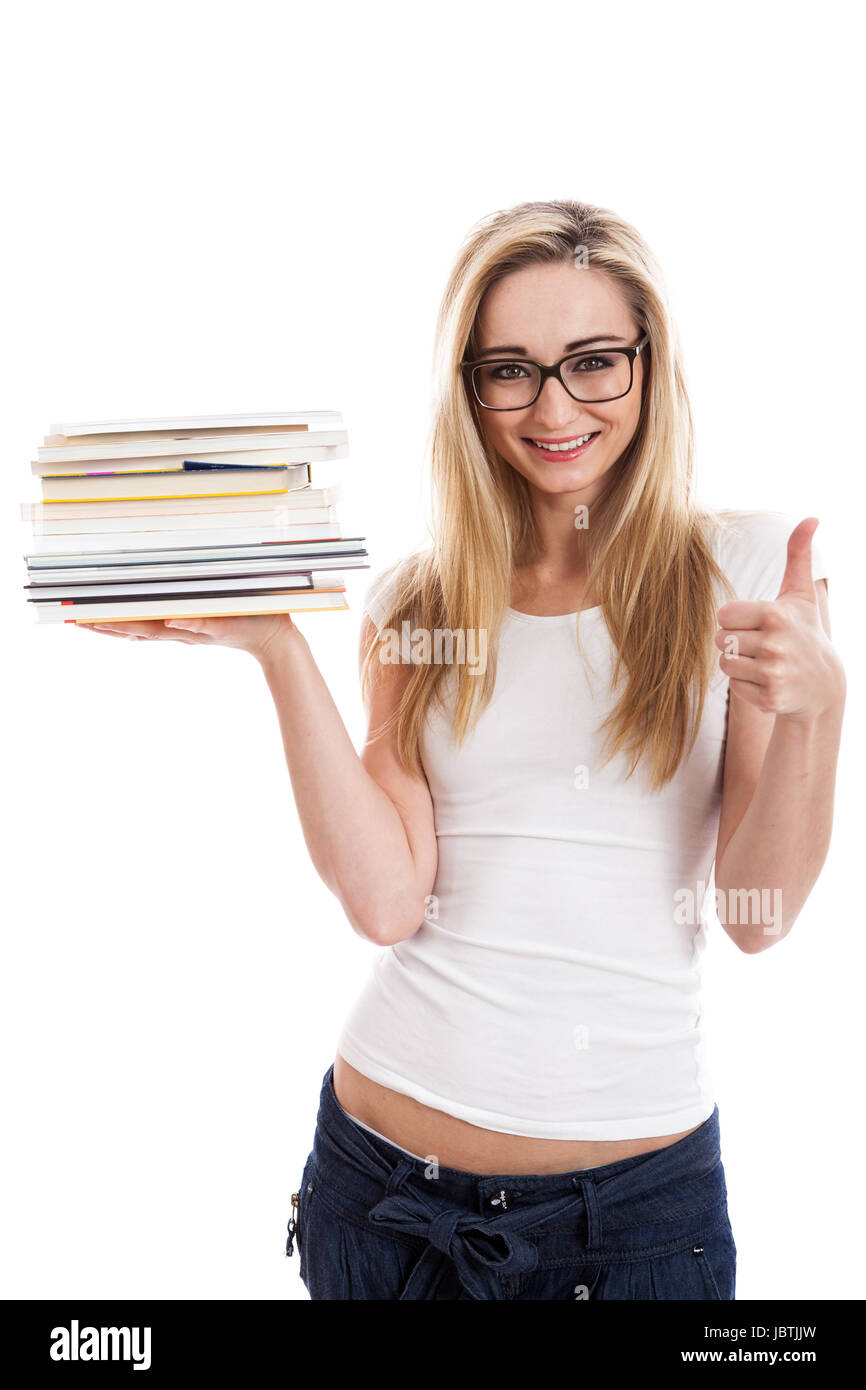 Junge blonde Frau mit langen blonden Haaren mit einem Stapel Bücher auf dem Arm isoliert vor weißem Hintergrund Stock Photo