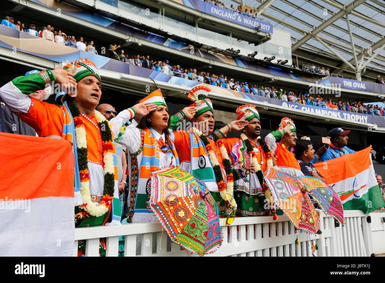 Indian supporters and fans seen during the ICC Champions Trophy 2017 match between India and South Africa at The Oval in London. Photo by James Boardman/Telephoto Images Stock Photo