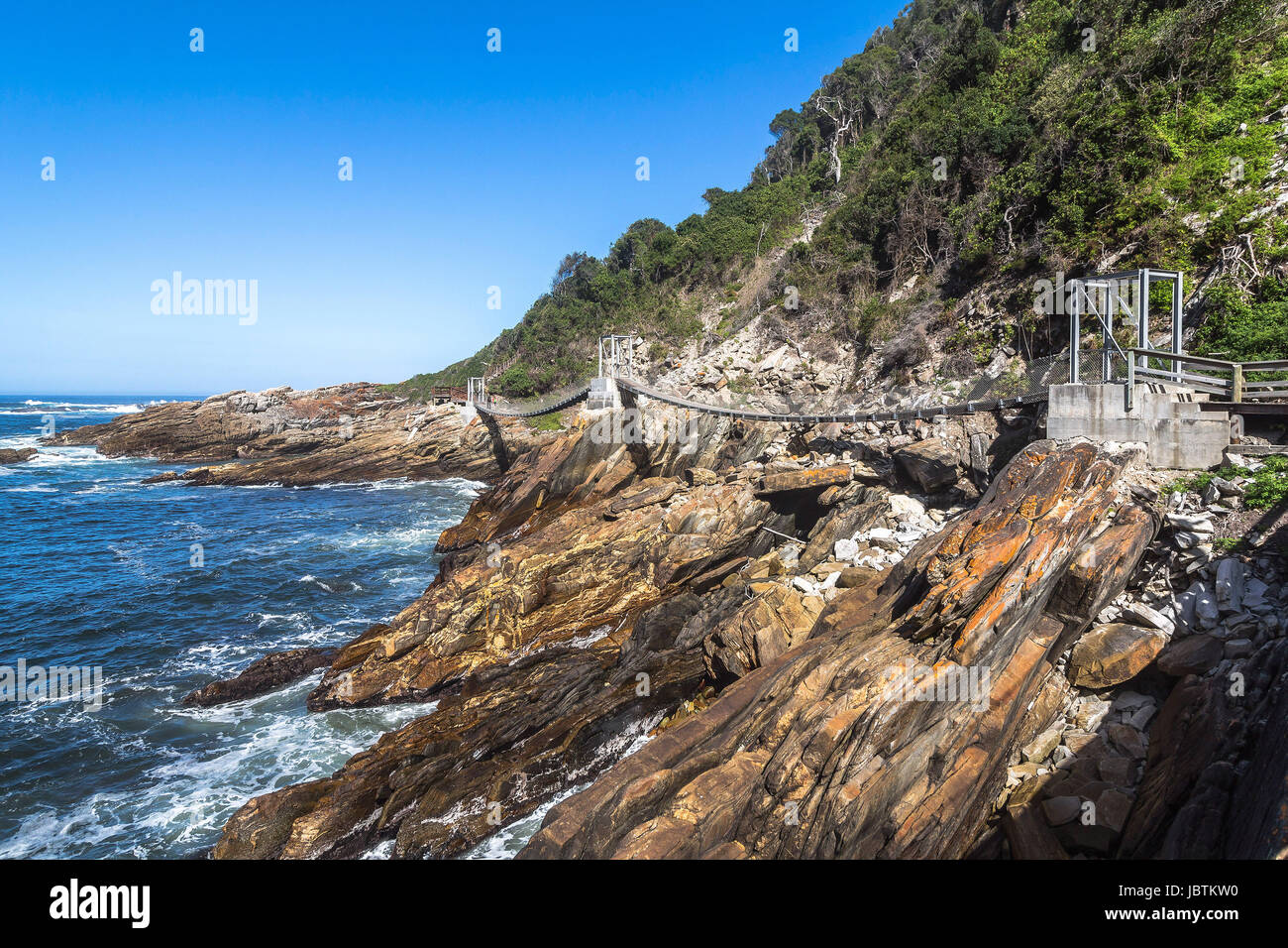 Hanging bridge over Storms River mouth, Tsitsikamma National Park Stock Photo