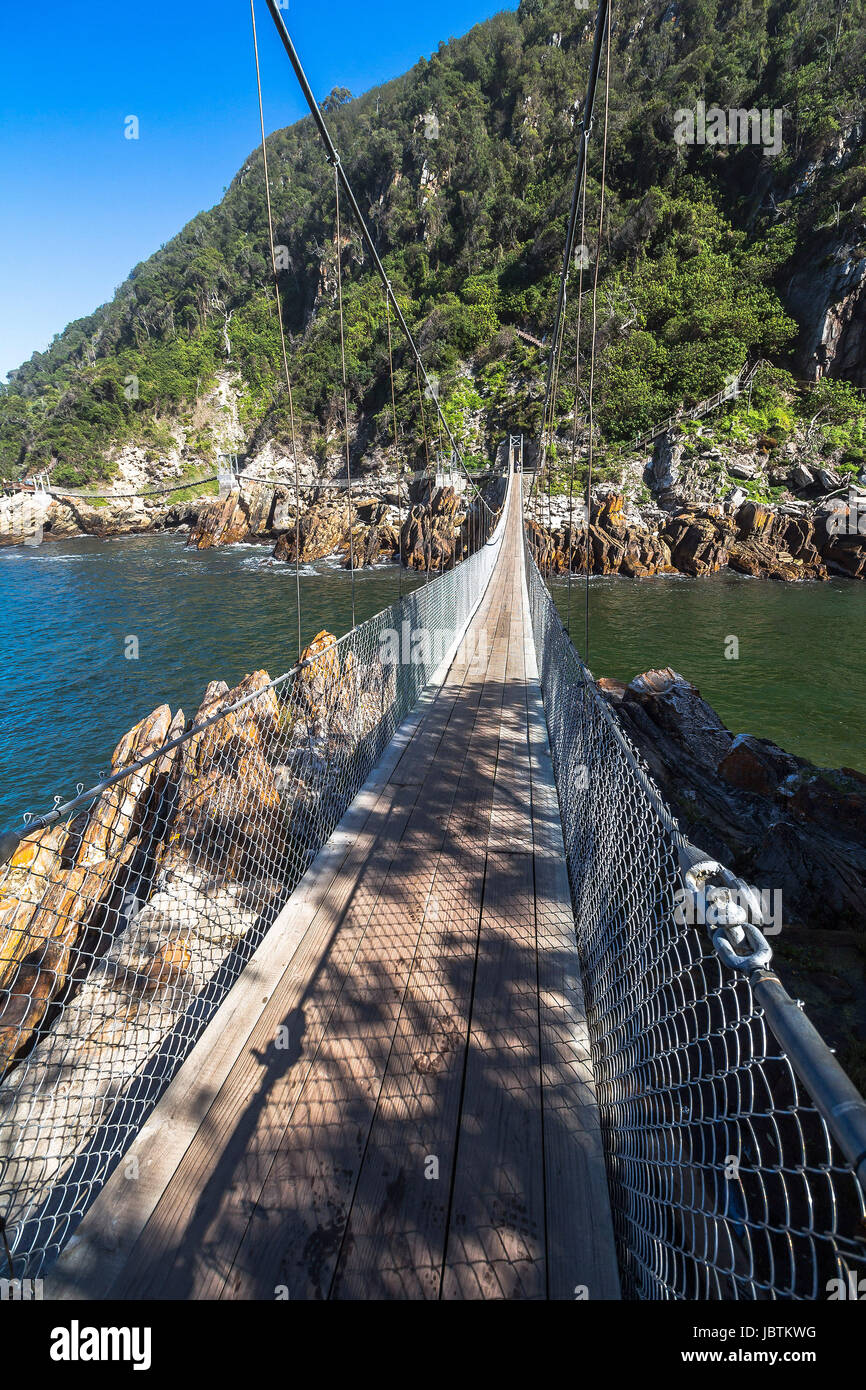 Hanging bridge over Storms River mouth, Tsitsikamma National Park Stock Photo