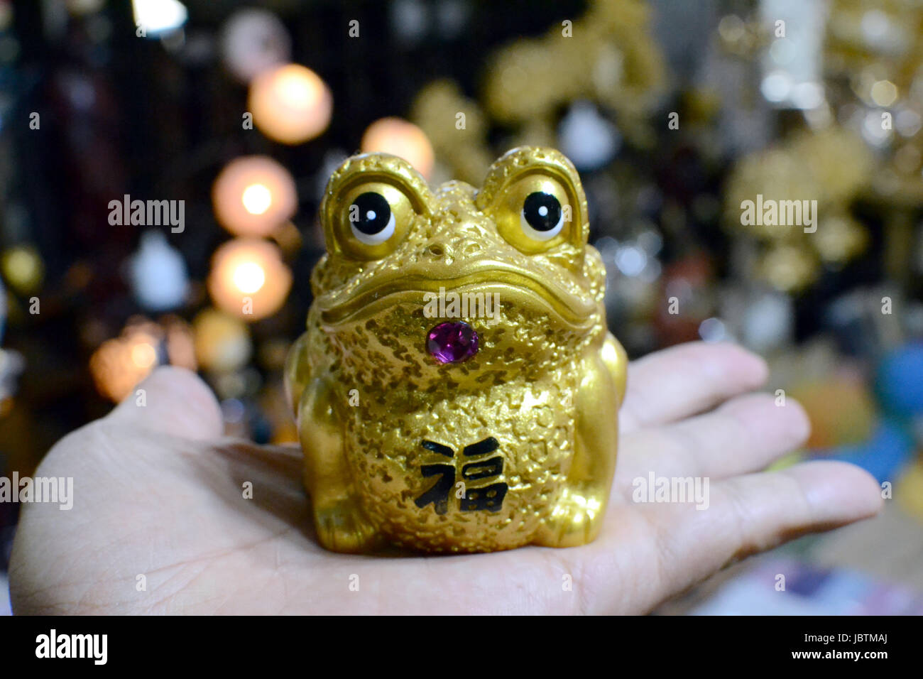 Toad statue on the hand Stock Photo Alamy