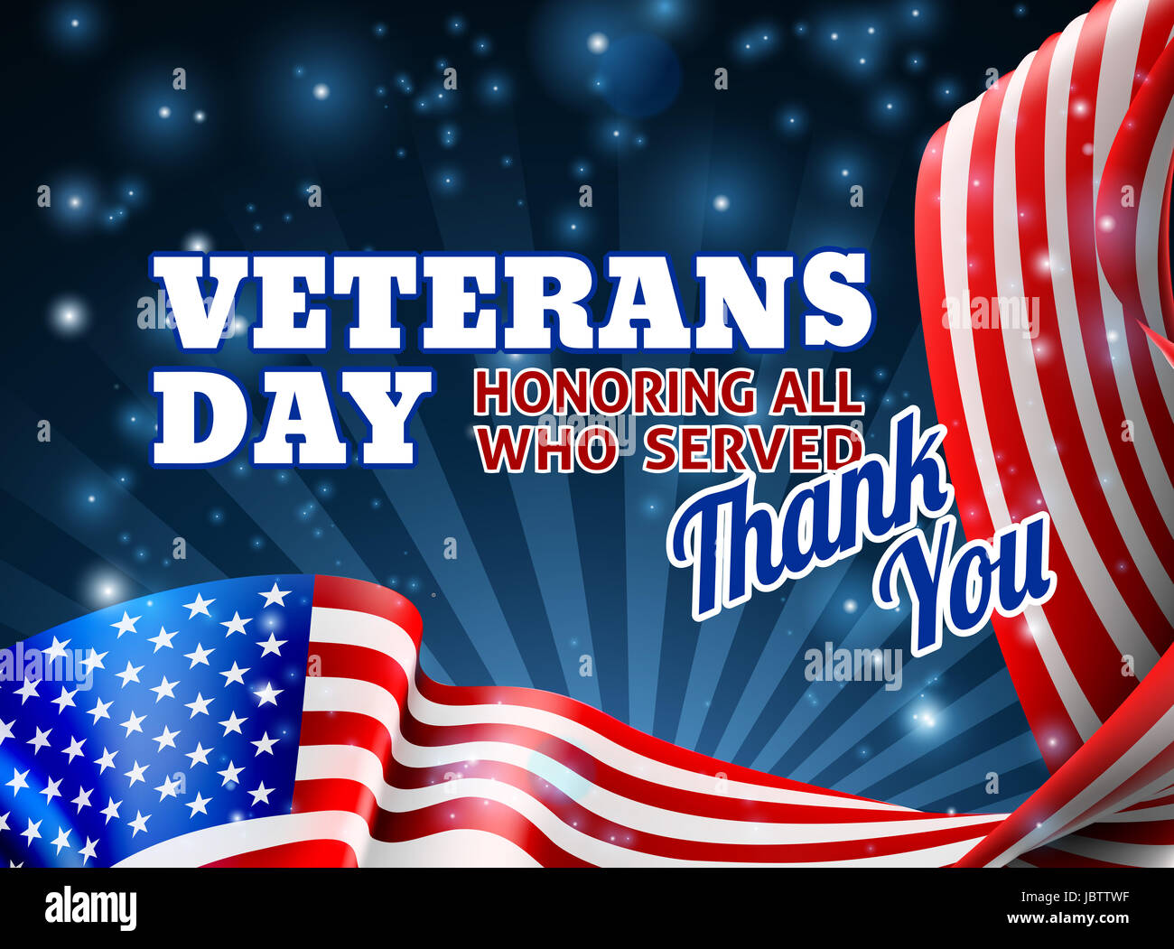 A Veterans Day background with an American Flag border design and Thank You message Stock Photo