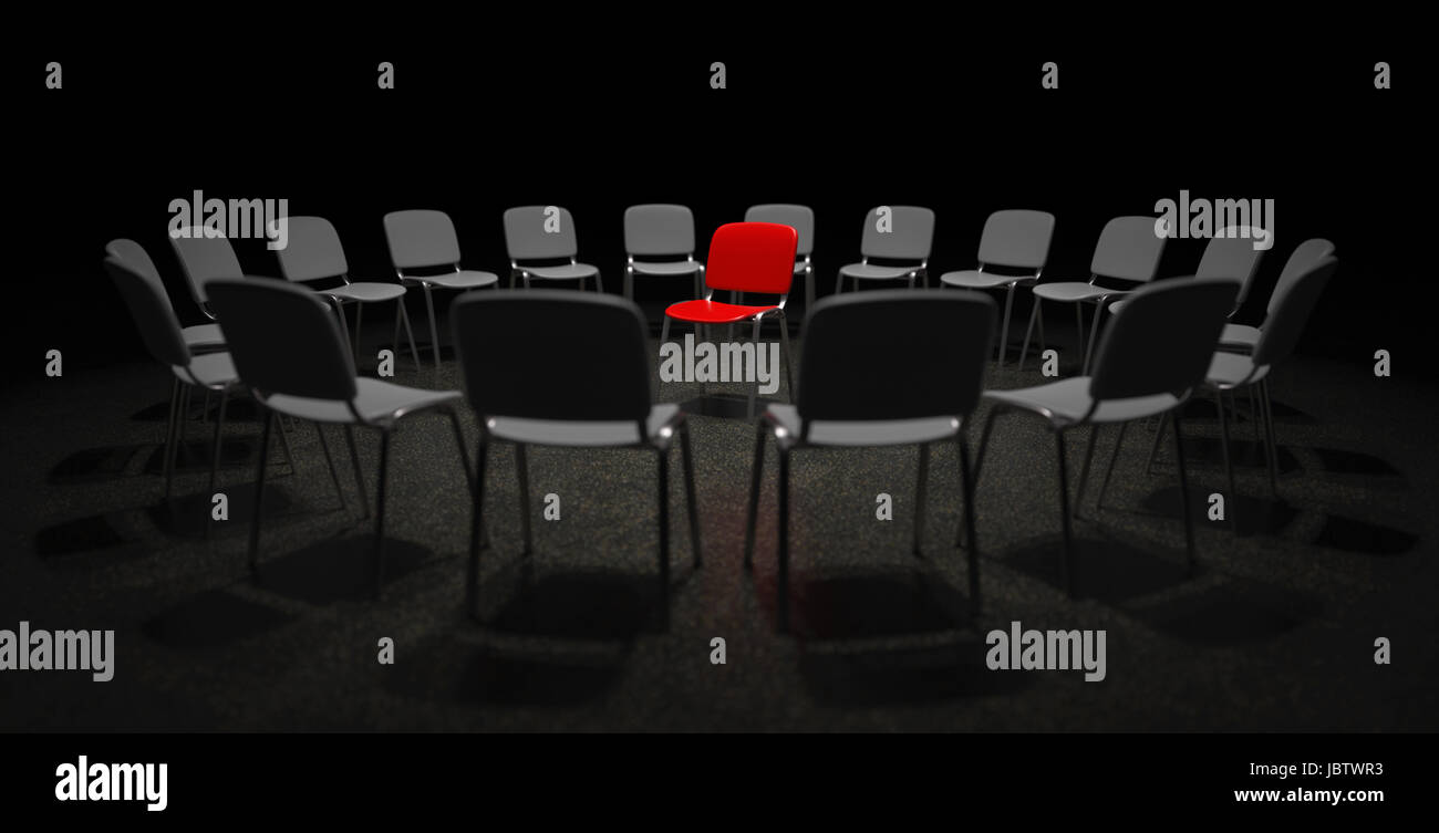 A red chair in the center of many grey chairs metaphor for center of