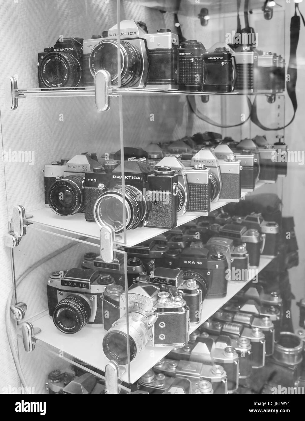 DRESDEN, GERMANY - JUNE 14, 2014: Many vintage models of Praktica and Exa SLR cameras built in the DDR German Democratic Republic in early to mid XX century Stock Photo
