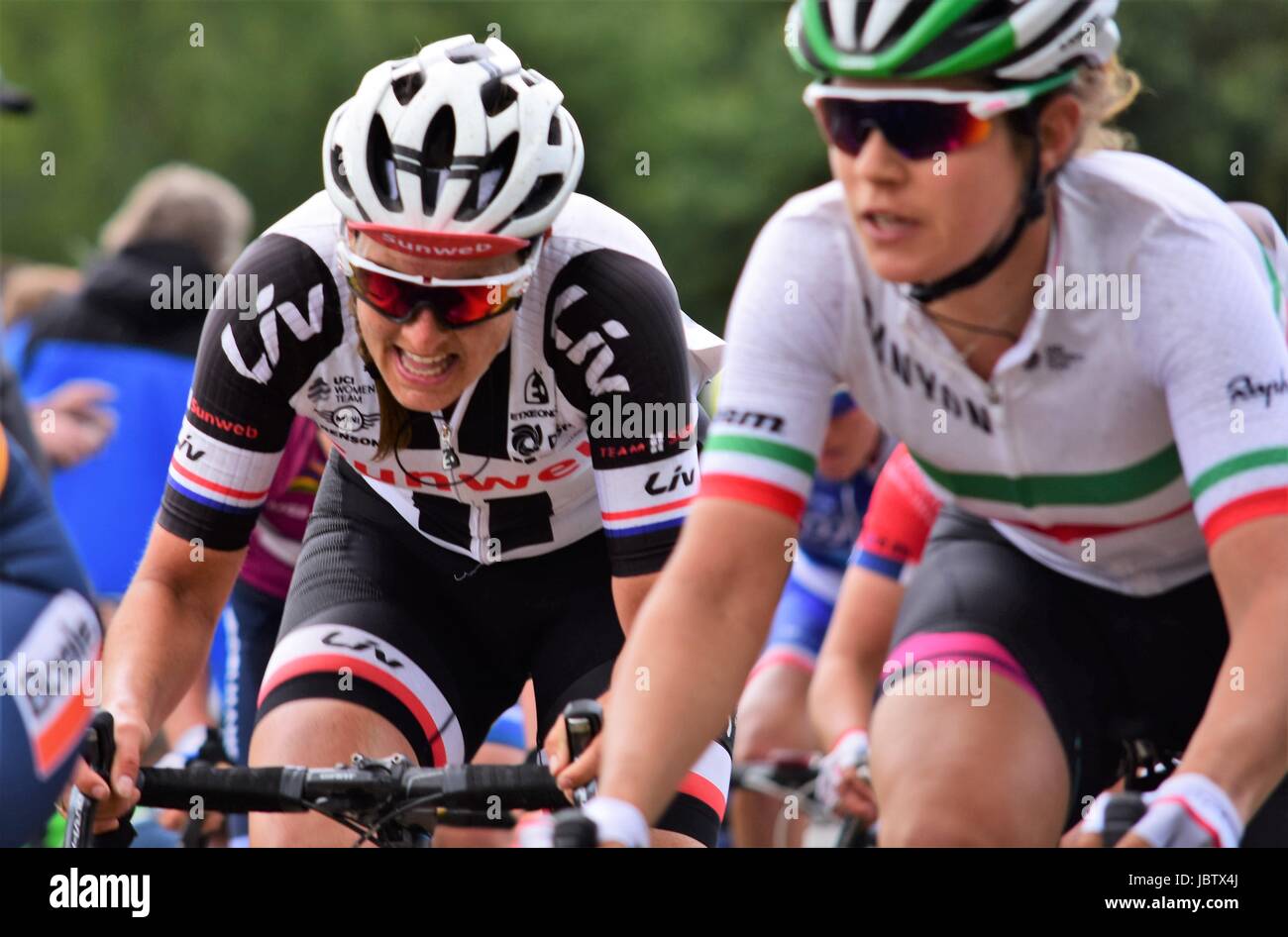 Cyclists racing in the Queen of the Mountain segment of Stage 3 of the 2017 OVO Energy Women's Tour Stock Photo