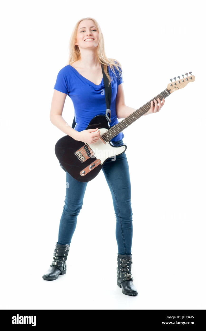 blond girl playing with an electric guitar Stock Photo - Alamy
