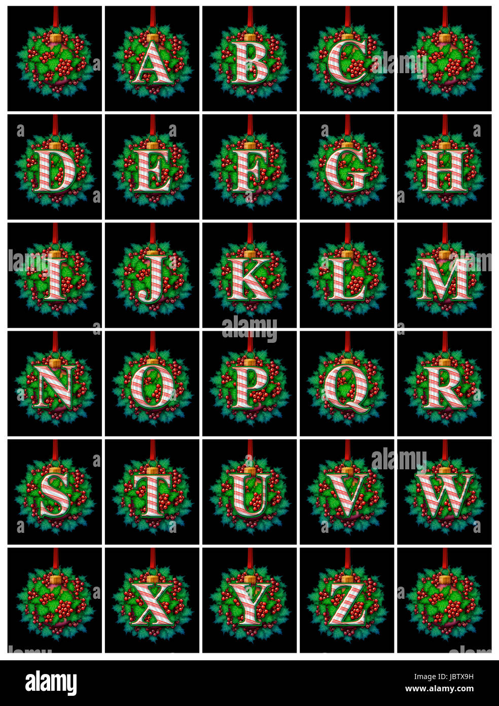 https://c8.alamy.com/comp/JBTX9H/a-candy-cane-alphabet-made-out-of-holly-and-glass-ball-ornaments-JBTX9H.jpg