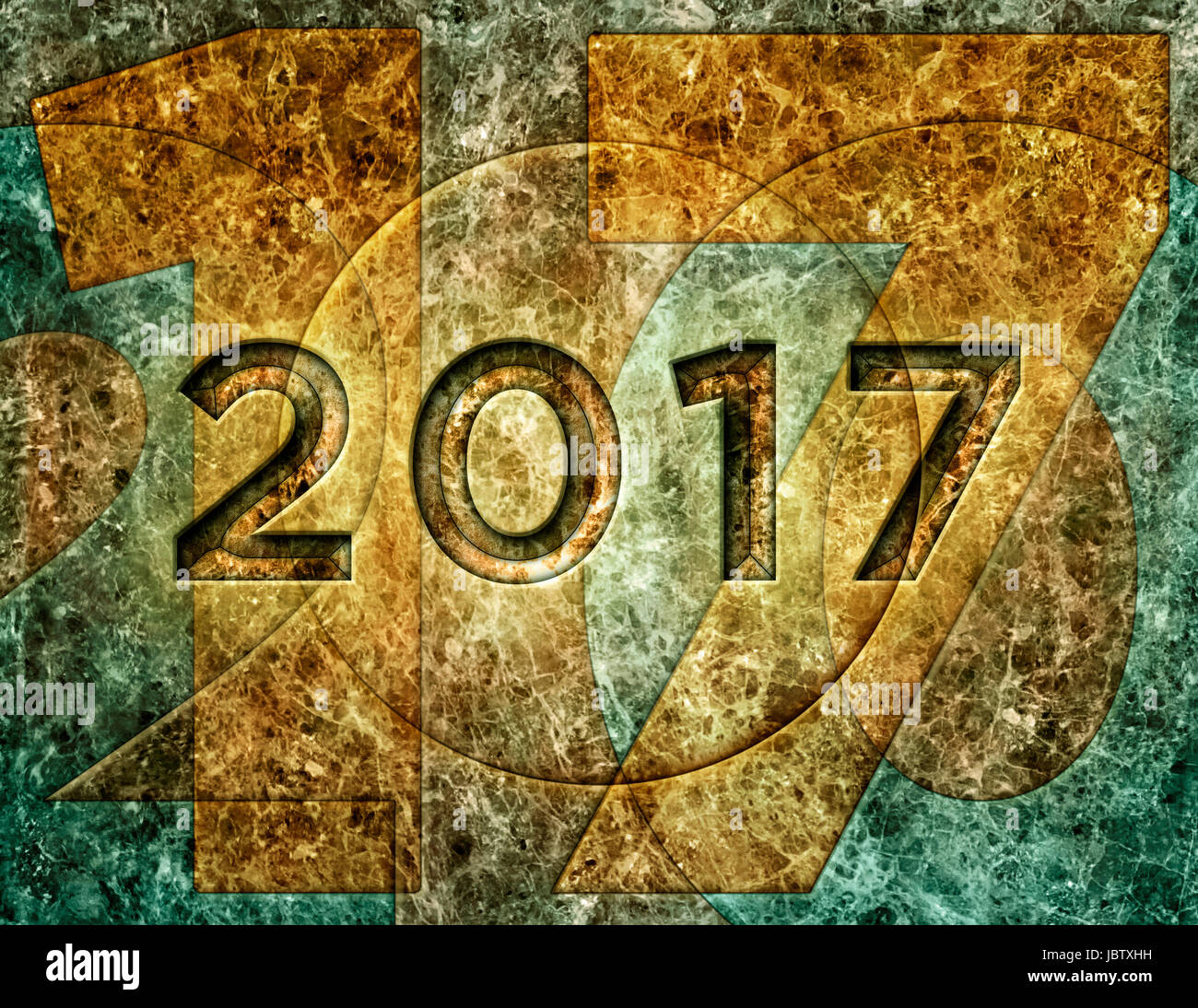 Digital illustration of the year 2017 on a marble wall. Stock Photo