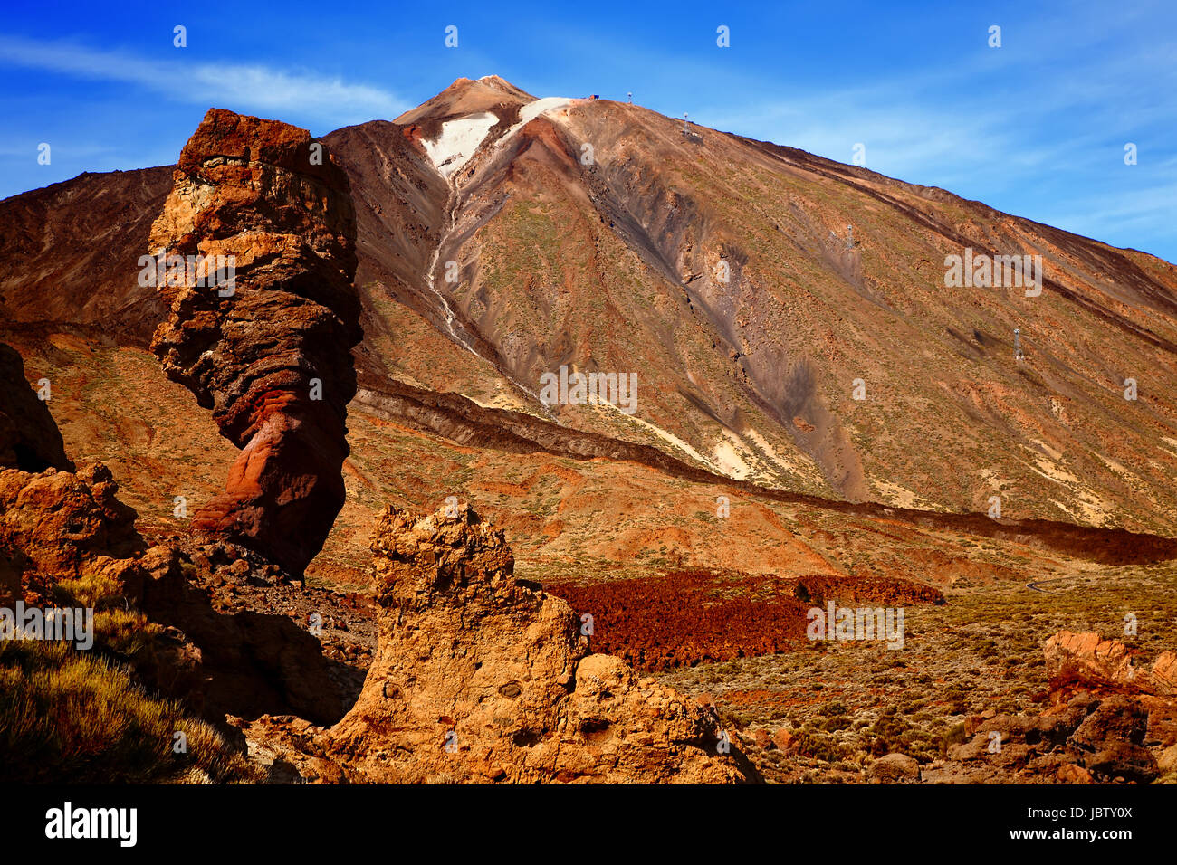 Volcano Teide with Roque Cinchado in the foreground, Island Tenerife, Canary Islands, Spain. Stock Photo