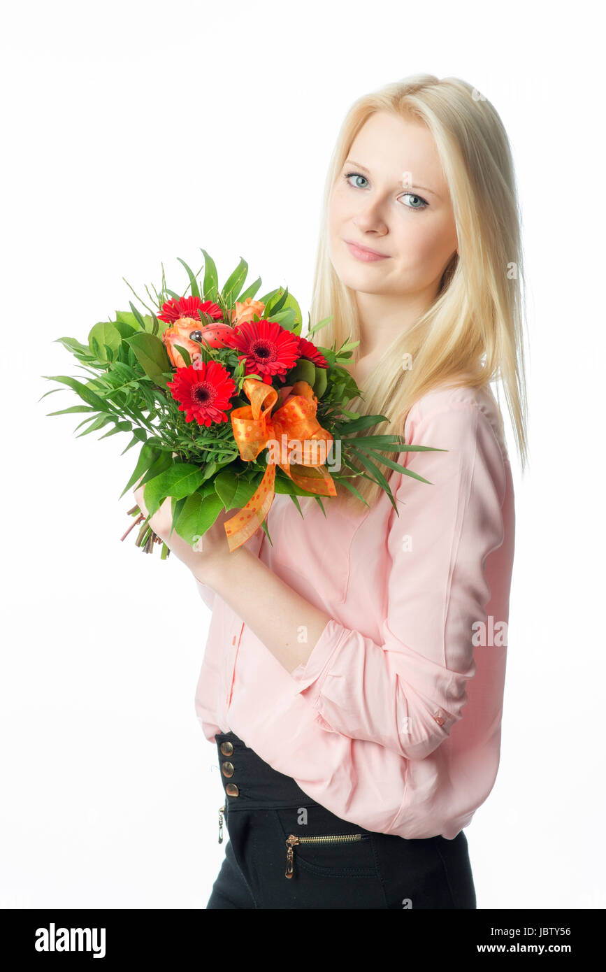 blond girl with bouquet of flowers Stock Photo - Alamy