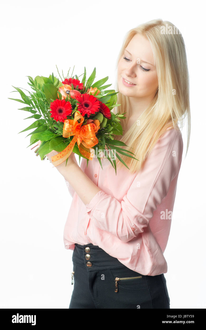 blonde girl with bouquet Stock Photo