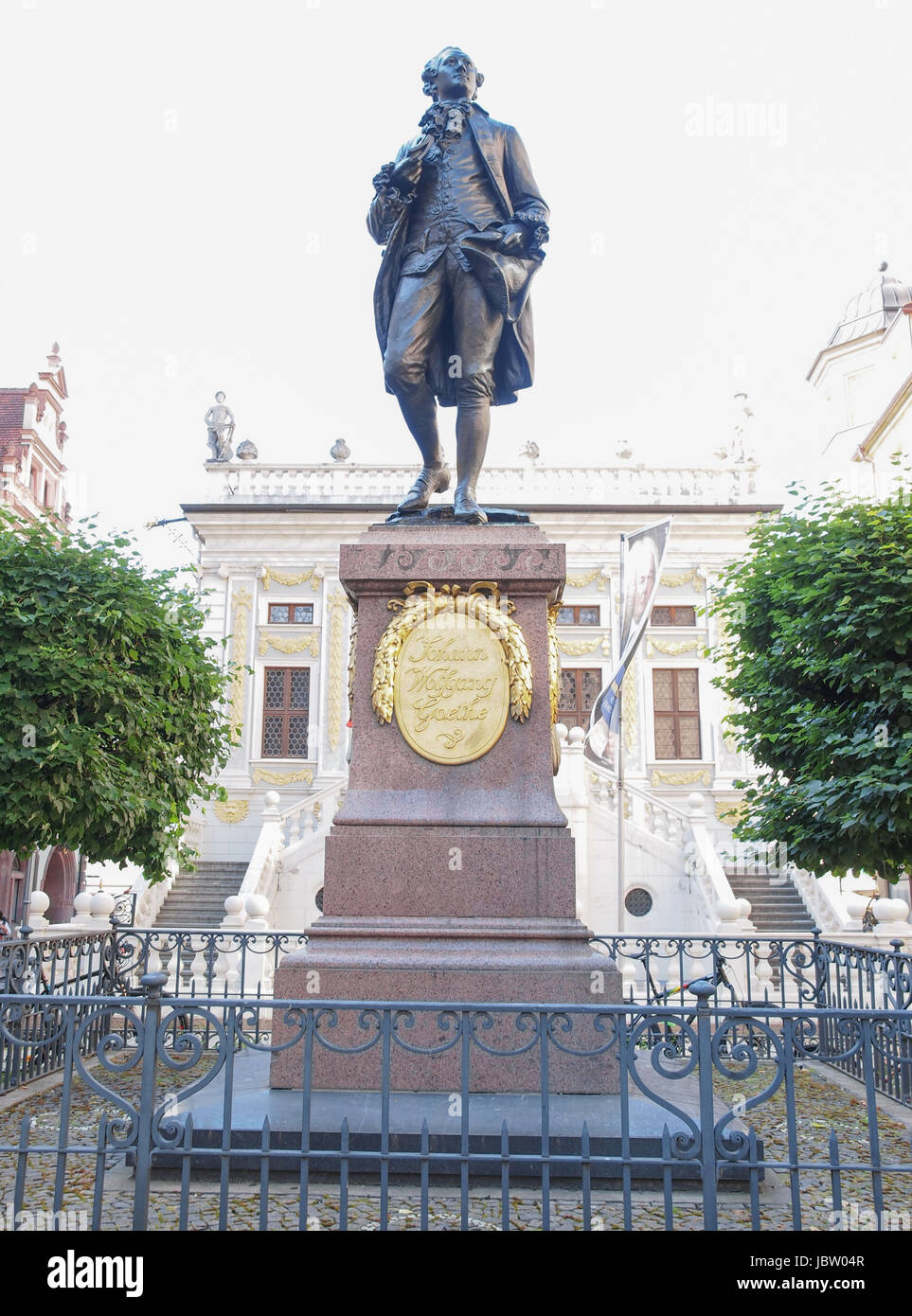 LEIPZIG, GERMANY - JUNE 12, 2014: The Goethe Denkmal monument to Dichter J W von Goethe stands in the Naschmarkt square in front of the Old Stock Exchange since 1908 Stock Photo