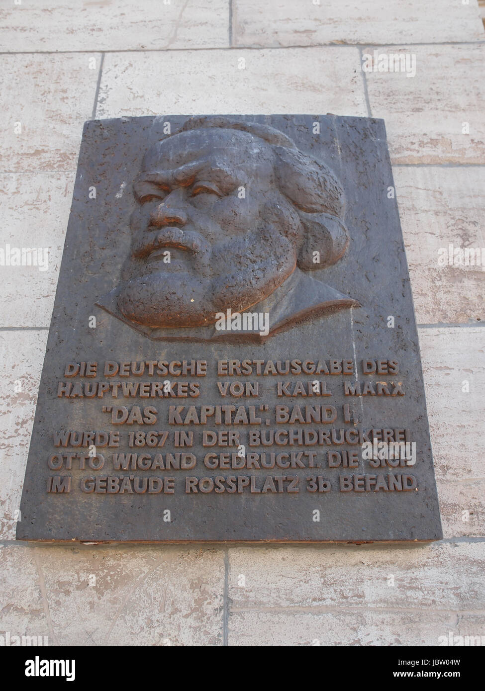 LEIPZIG, GERMANY - JUNE 12, 2014: Commemorative plaque for the printing of the first edition of Karl Marx Das Kapital Capital in 1867 in Leipzig Stock Photo