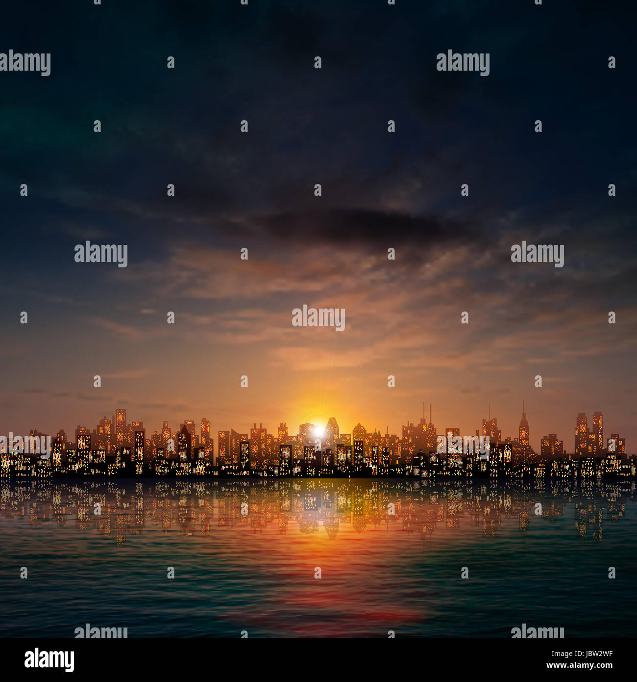 abstract dark nature background with panorama of city clouds and sunset