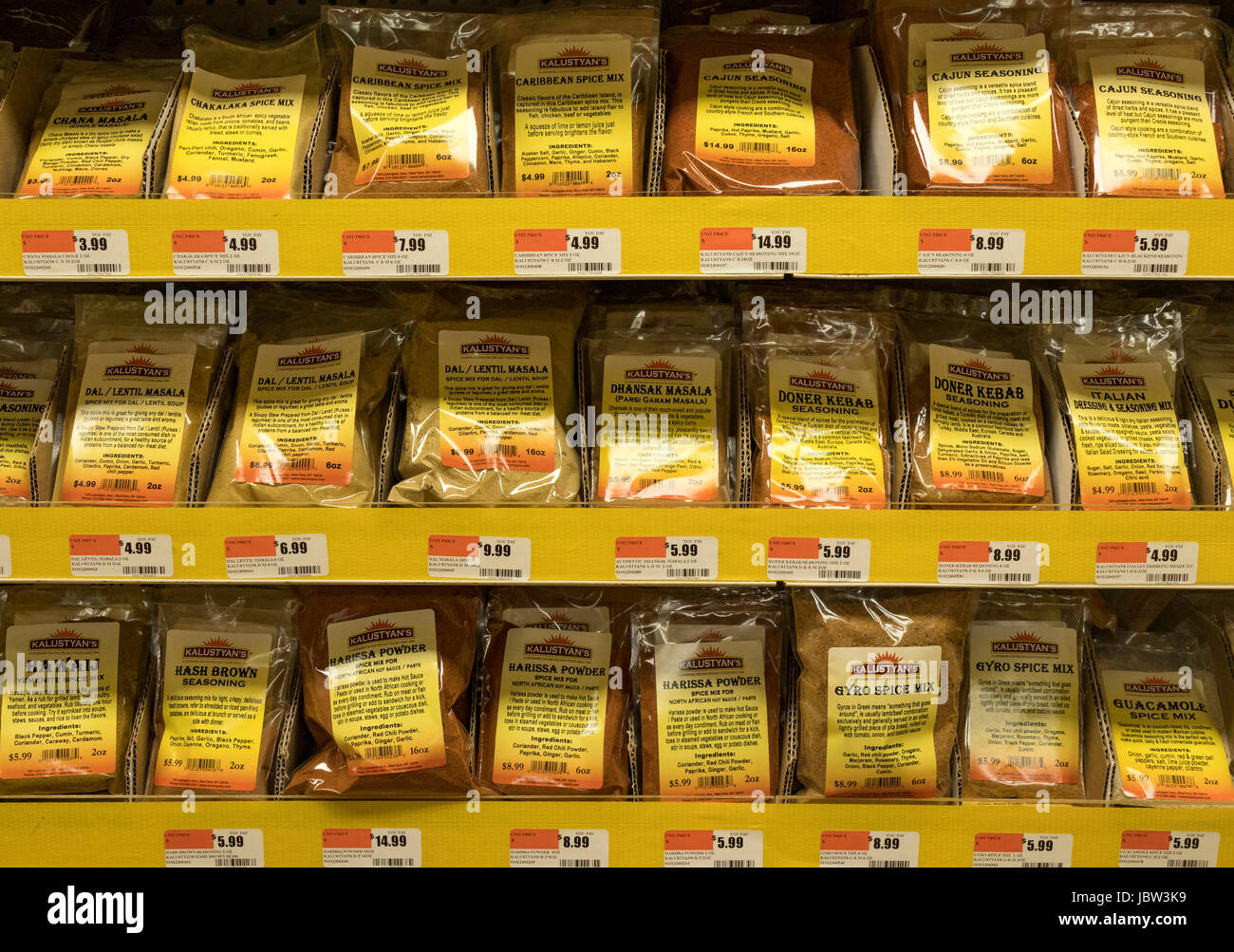 spices on sale at Kalustyan shop, Lexington Avenue, Manhattan, New York city,. USA Stock Photo