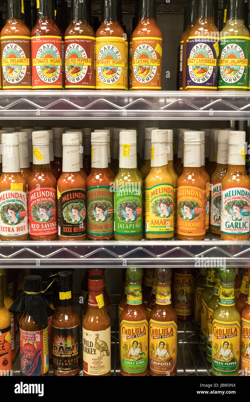 hot sauces on sale at Kalustyan shop, Lexington Avenue, Manhattan, New York city,. USA Stock Photo