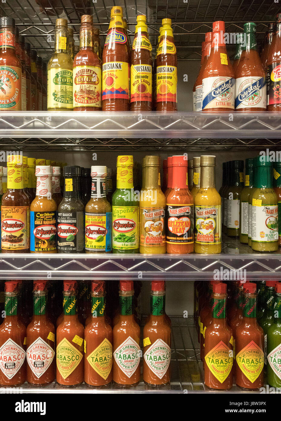 hot sauces on sale at Kalustyan shop, Lexington Avenue, Manhattan, New York city,. USA Stock Photo