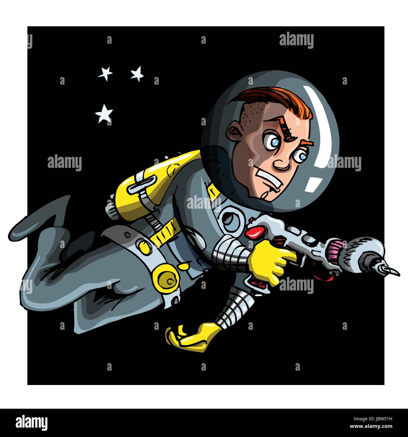 Cartoon astronaout in a space suit. Blackness and stars behind Stock ...