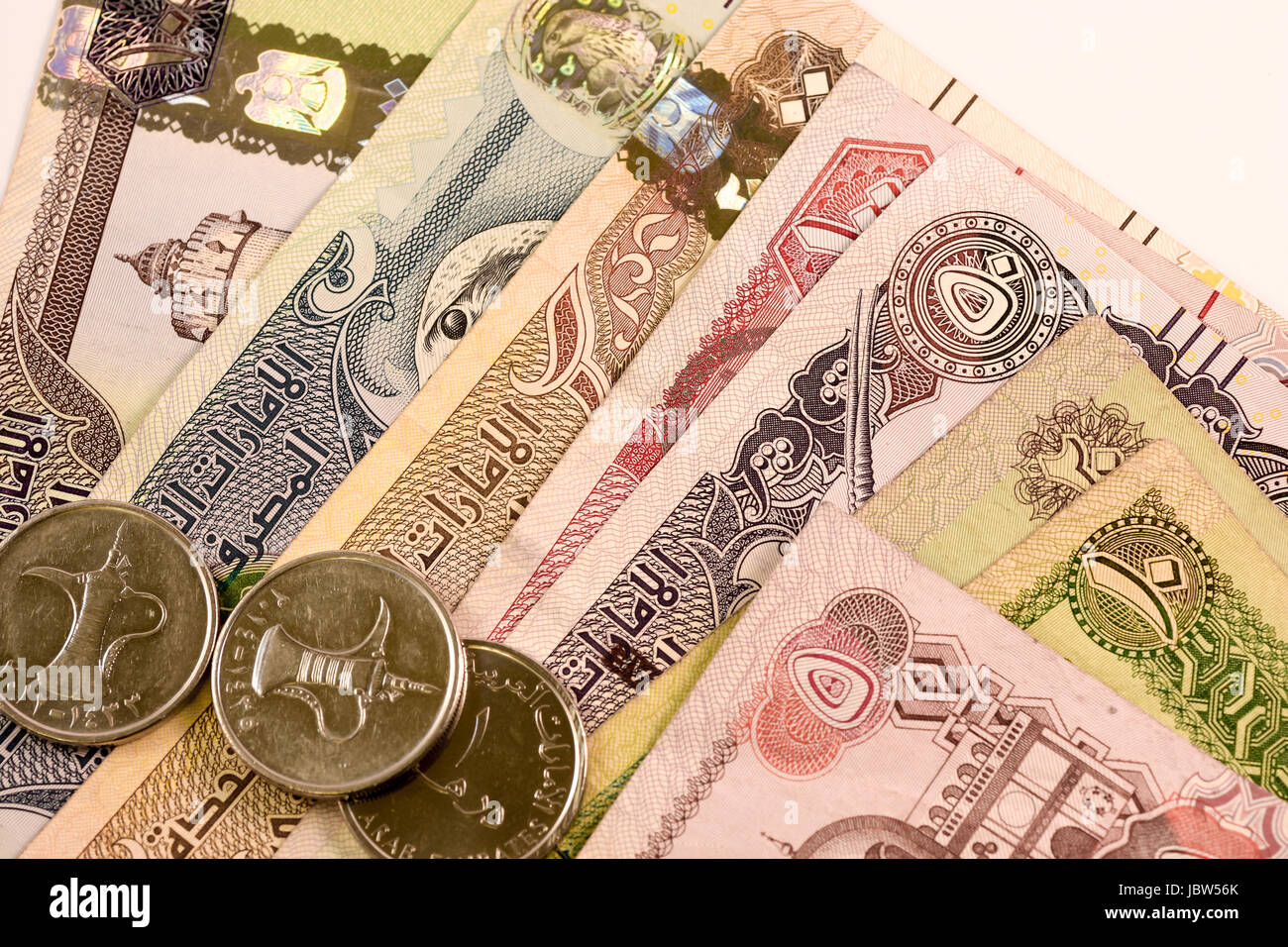 Close Up Dirhams Currency Note And Coins Aed United Arab Emirates Stock Photo Alamy