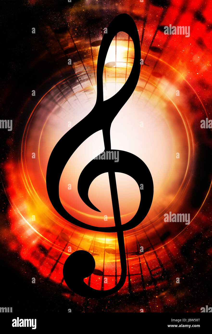 Music notes and clef in space with stars. abstract color background ...