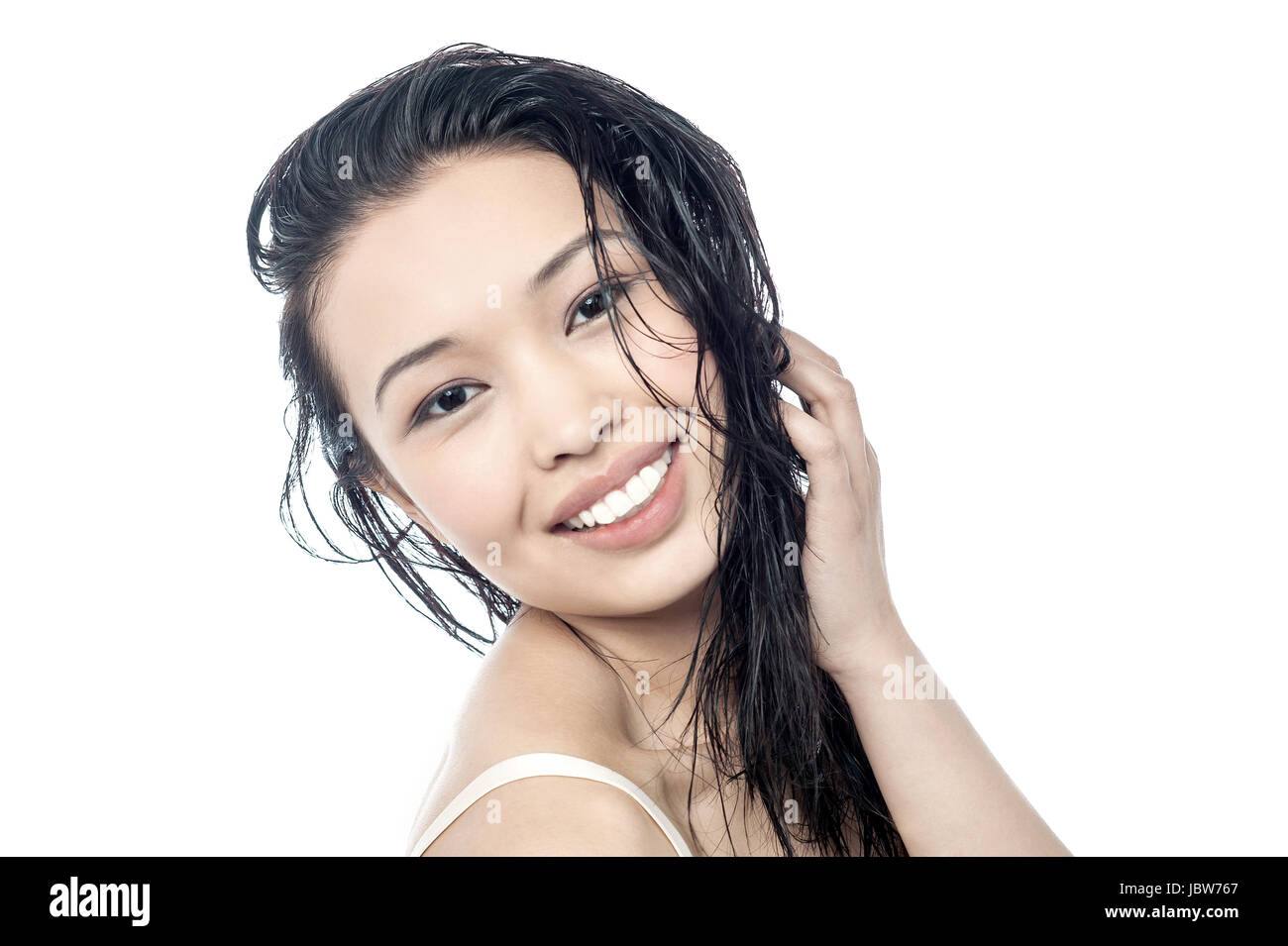 Beautiful woman with long hair on white background Stock Photo - Alamy
