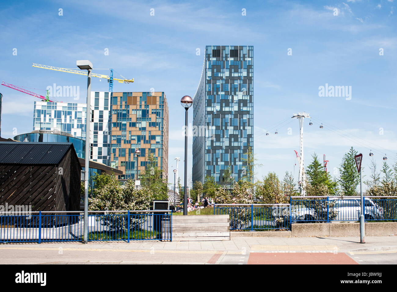 Buildings in North Greenwich with Cales car in the background, London Stock Photo