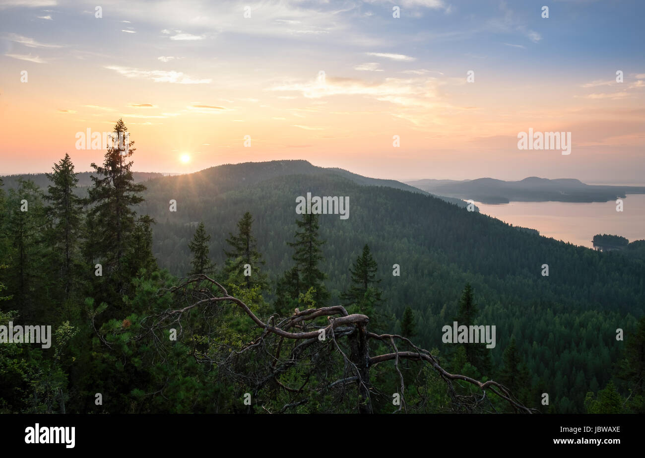 Scenic landscape with lake and sunset at evening in national park Stock Photo